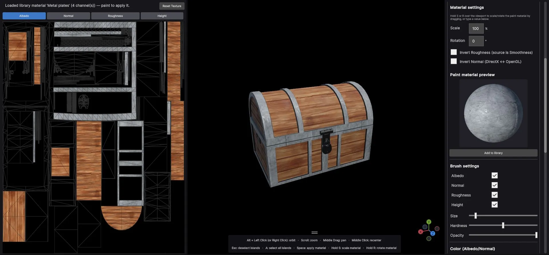 PBRpainter interface: UV layout on the left, 3D viewport in the center, material and brush settings on the right